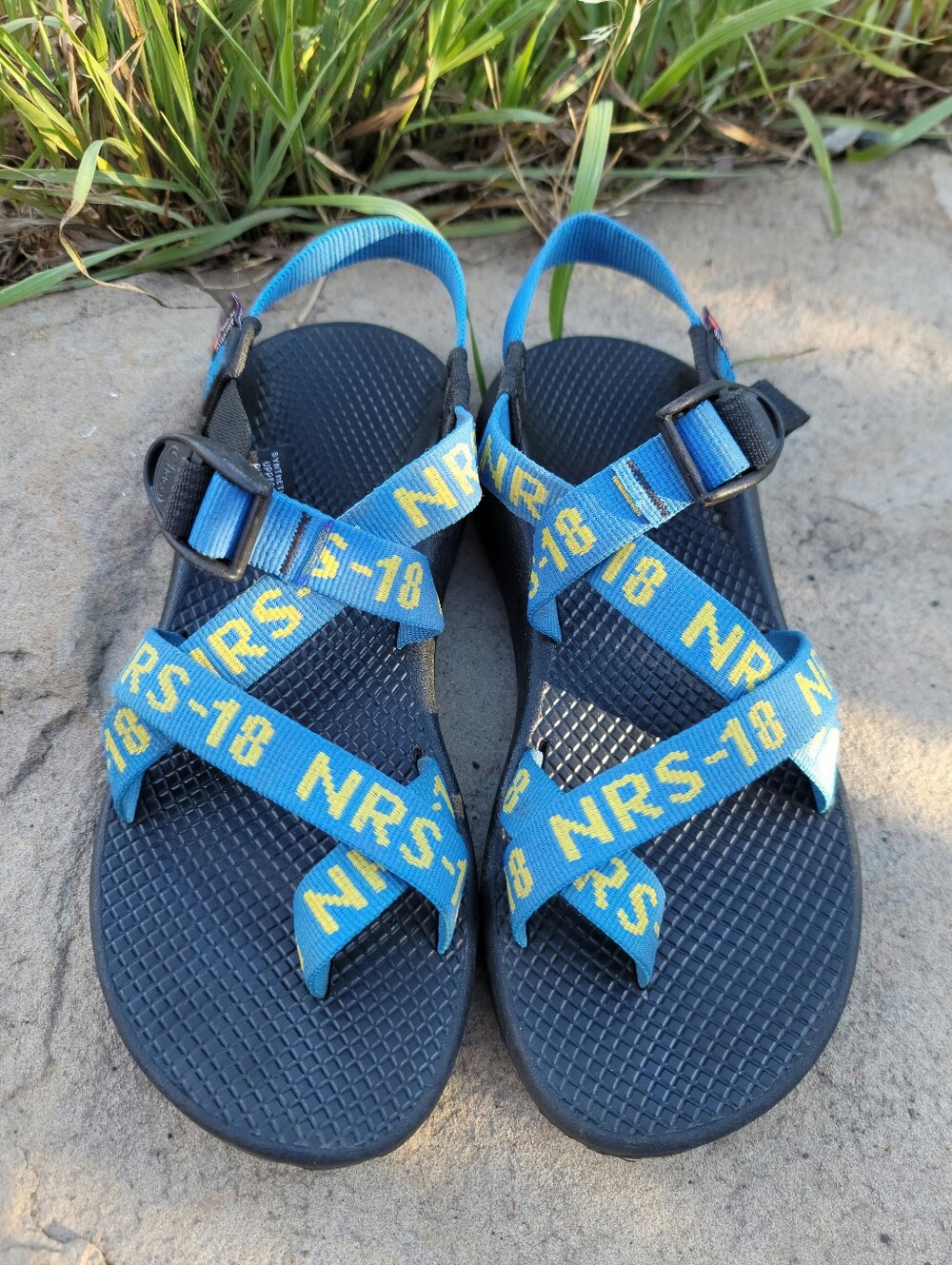 Chaco Blue Strap Sandals with Yellow Logo NRS Text (Size Women's 8)